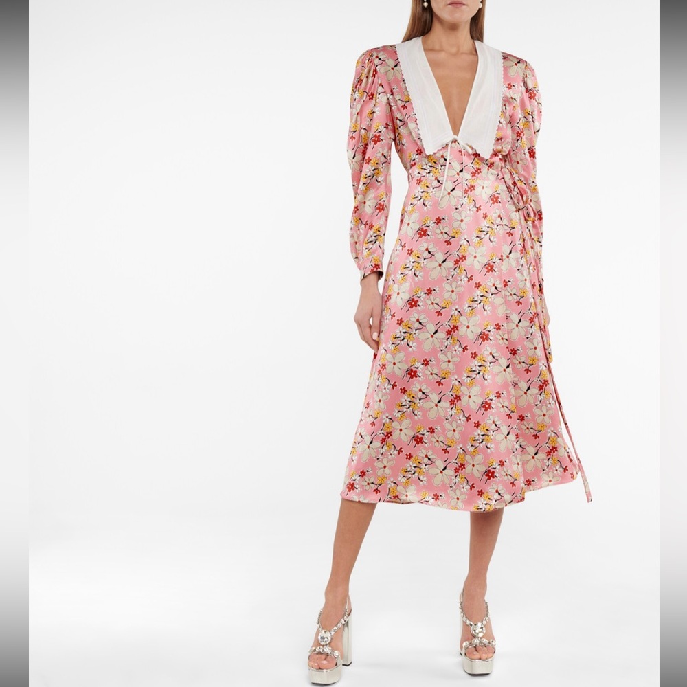 Miu Miu Pink Floral Satin Sable Dress with White Accents